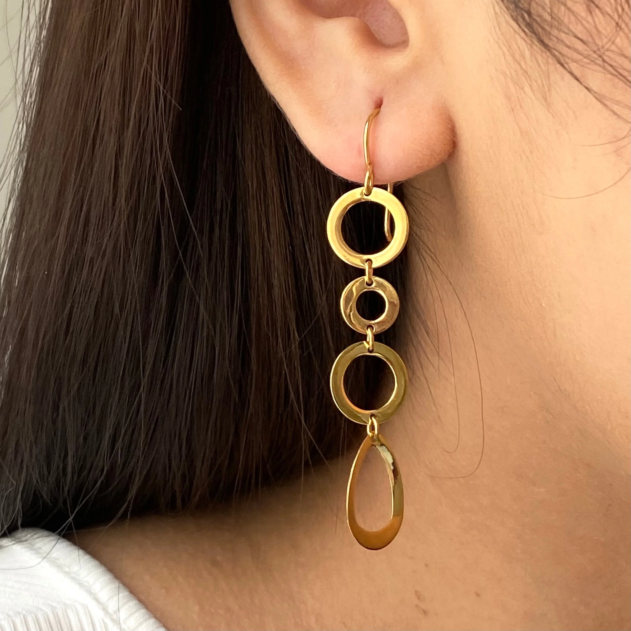 Gold Plated Sterling Silver Long Earrings with Round and Tear Drop Shaped Rings - Image 5