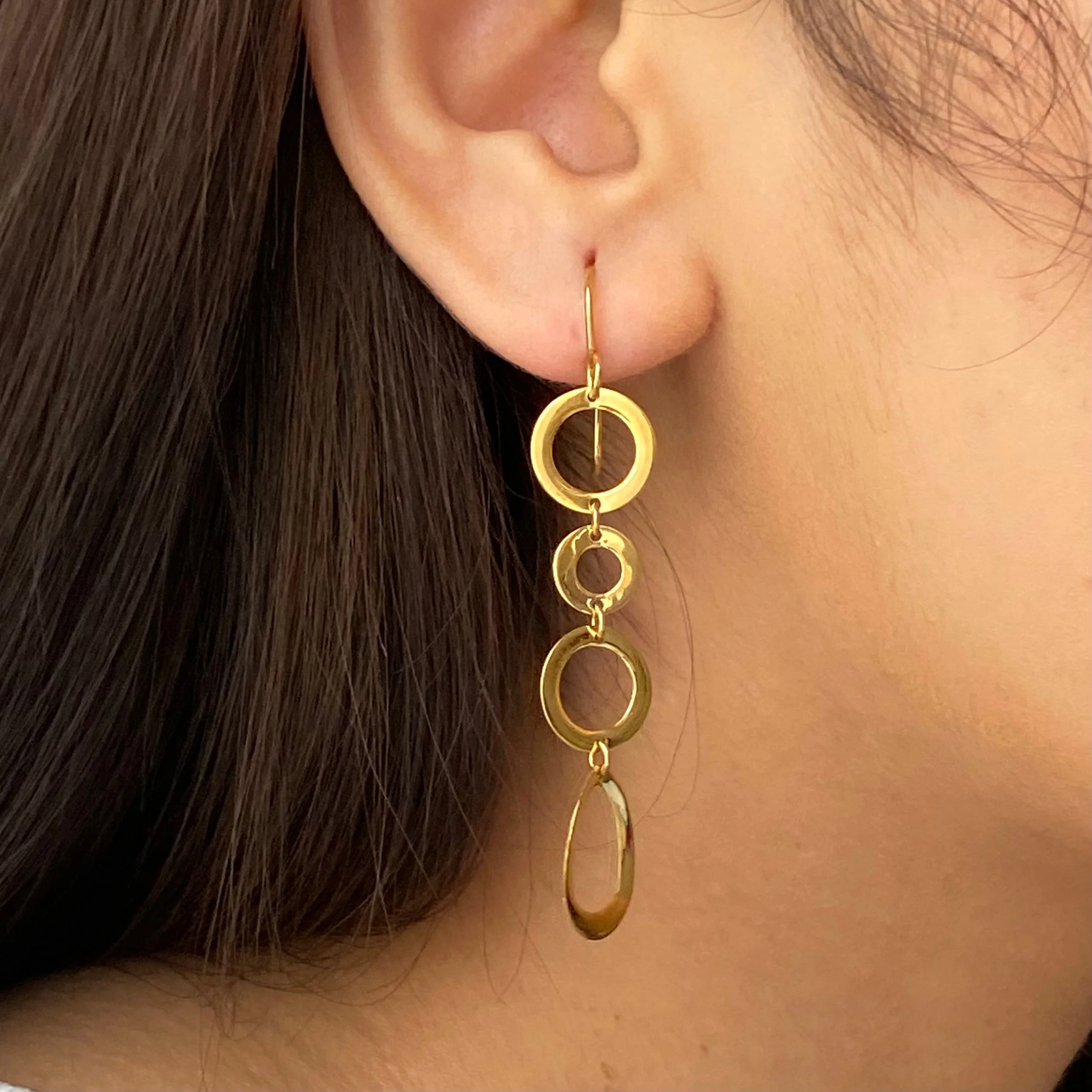 Gold Plated Sterling Silver Long Earrings with Round and Tear Drop Shaped Rings - Image 6