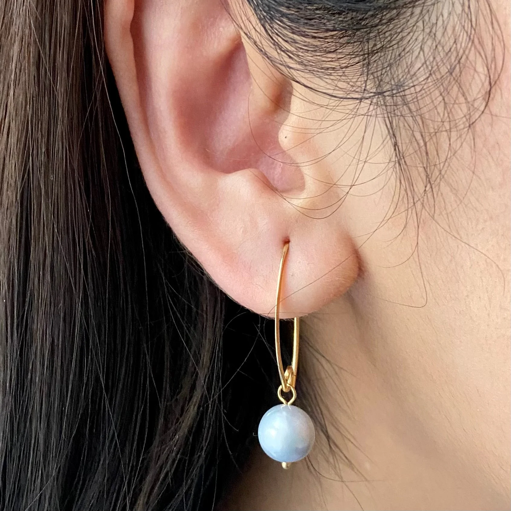 Gold Plated Sterling Silver Threader Earrings - Grey Pearl - Image 4