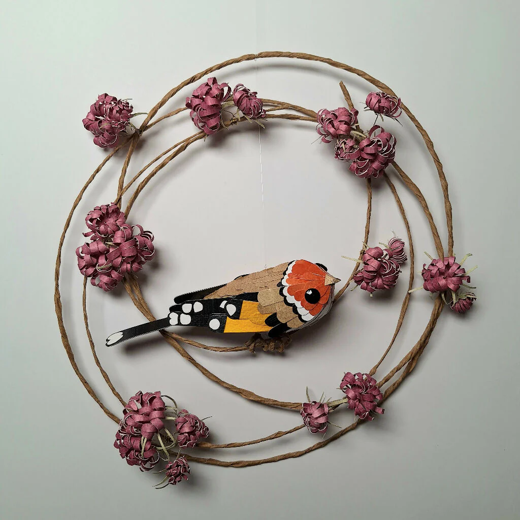 Goldfinch on a floral wreath paper sculpture - Image 3