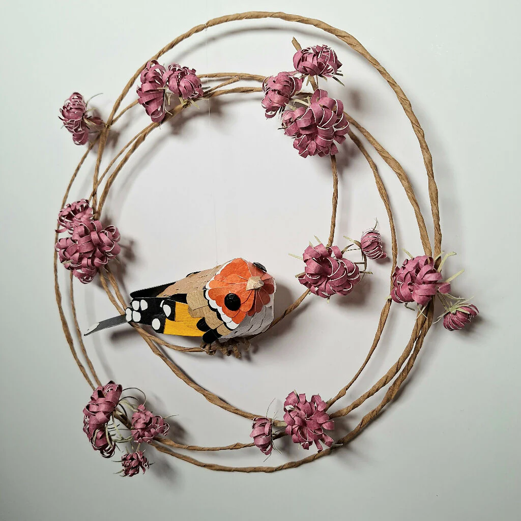 Goldfinch on a floral wreath paper sculpture - Image 5