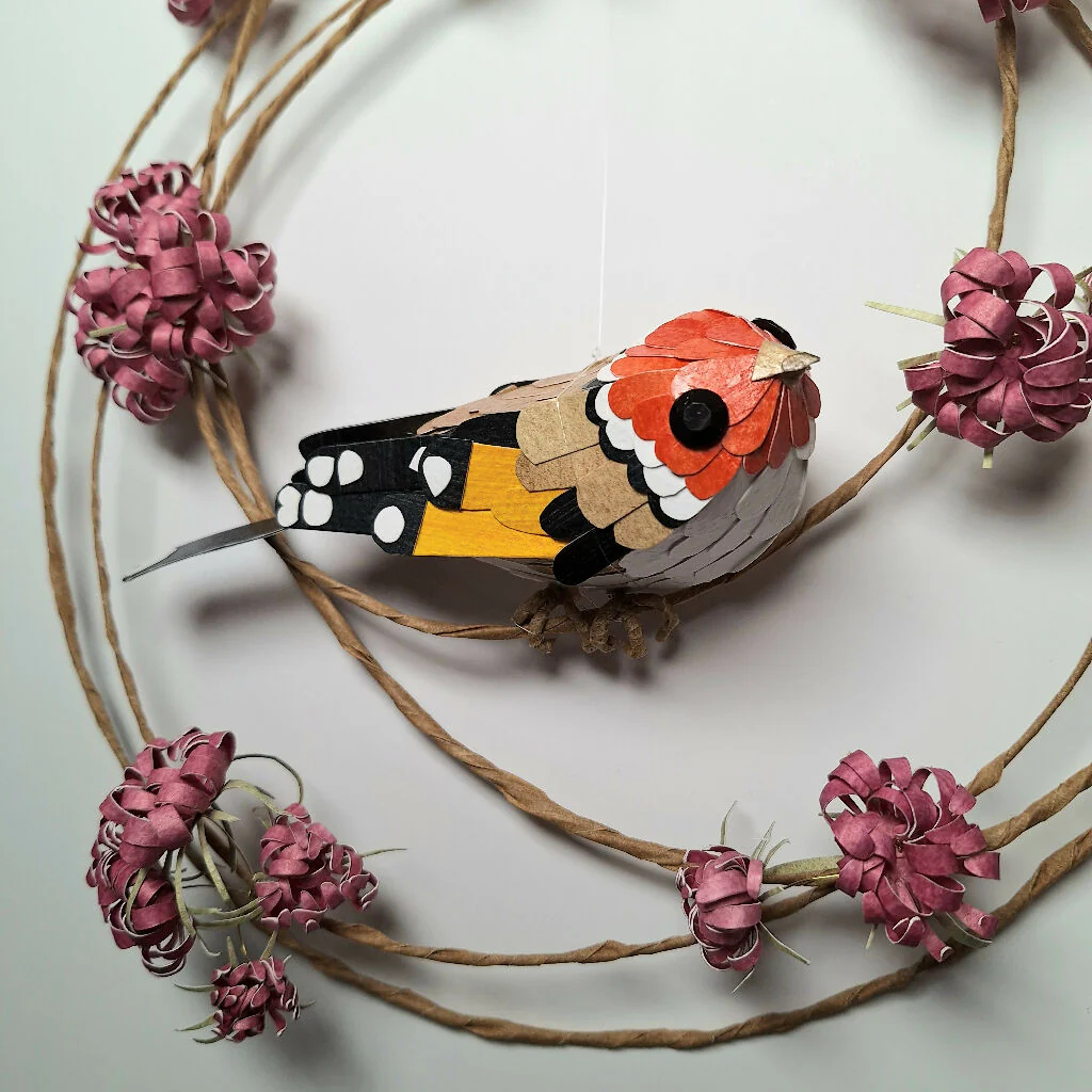 Goldfinch on a floral wreath paper sculpture - Image 6