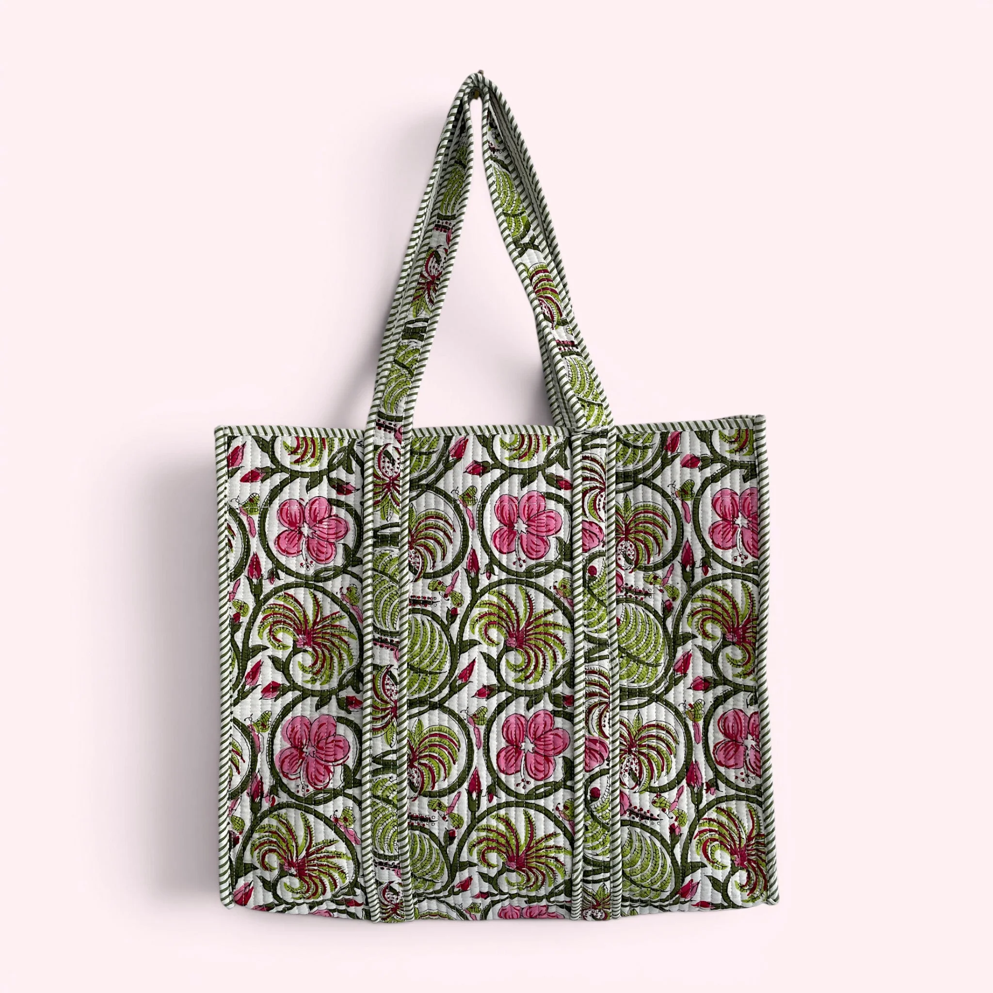 Green and Pink Floral Quilted Cotton Tote Bag