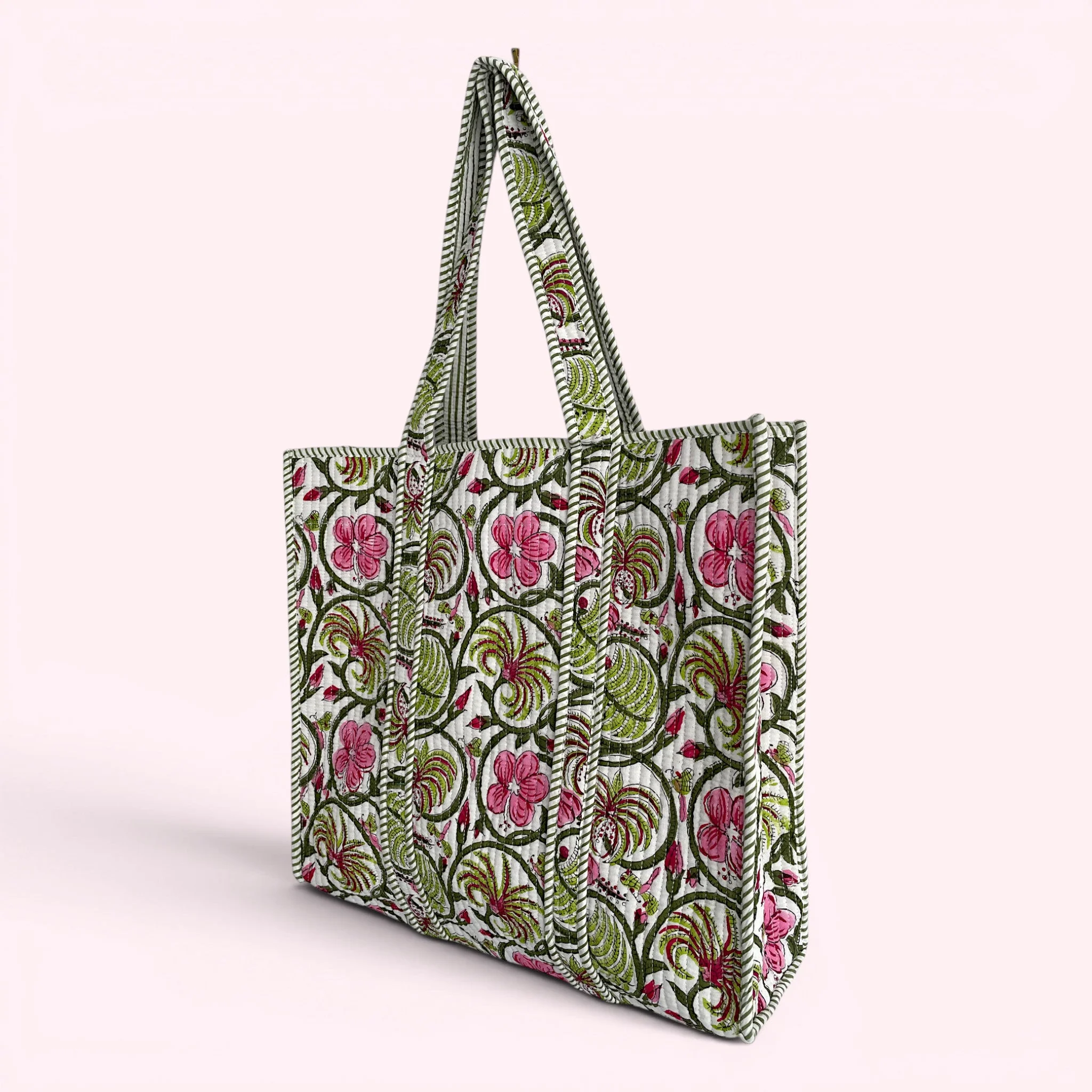 Green and Pink Floral Quilted Cotton Tote Bag - Image 3