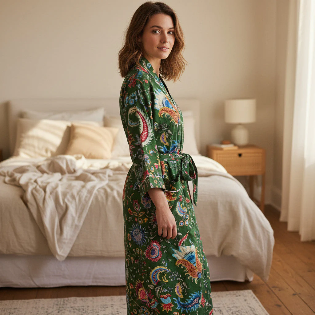 Green Floral Block Print 100% Cotton Dressing Gown