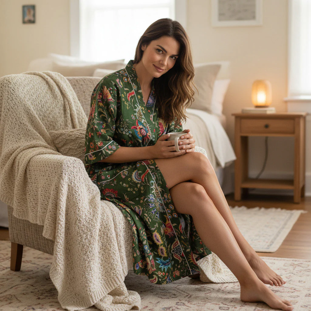 Green Floral Block Print 100% Cotton Dressing Gown - Image 2