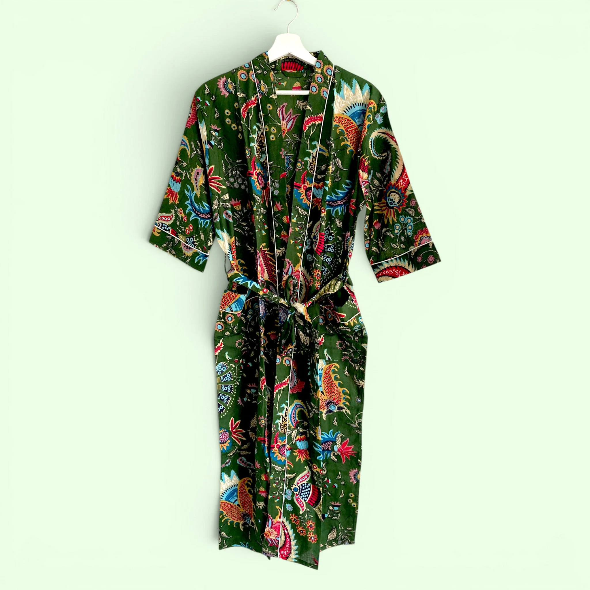 Green Floral Block Print 100% Cotton Dressing Gown - Image 3