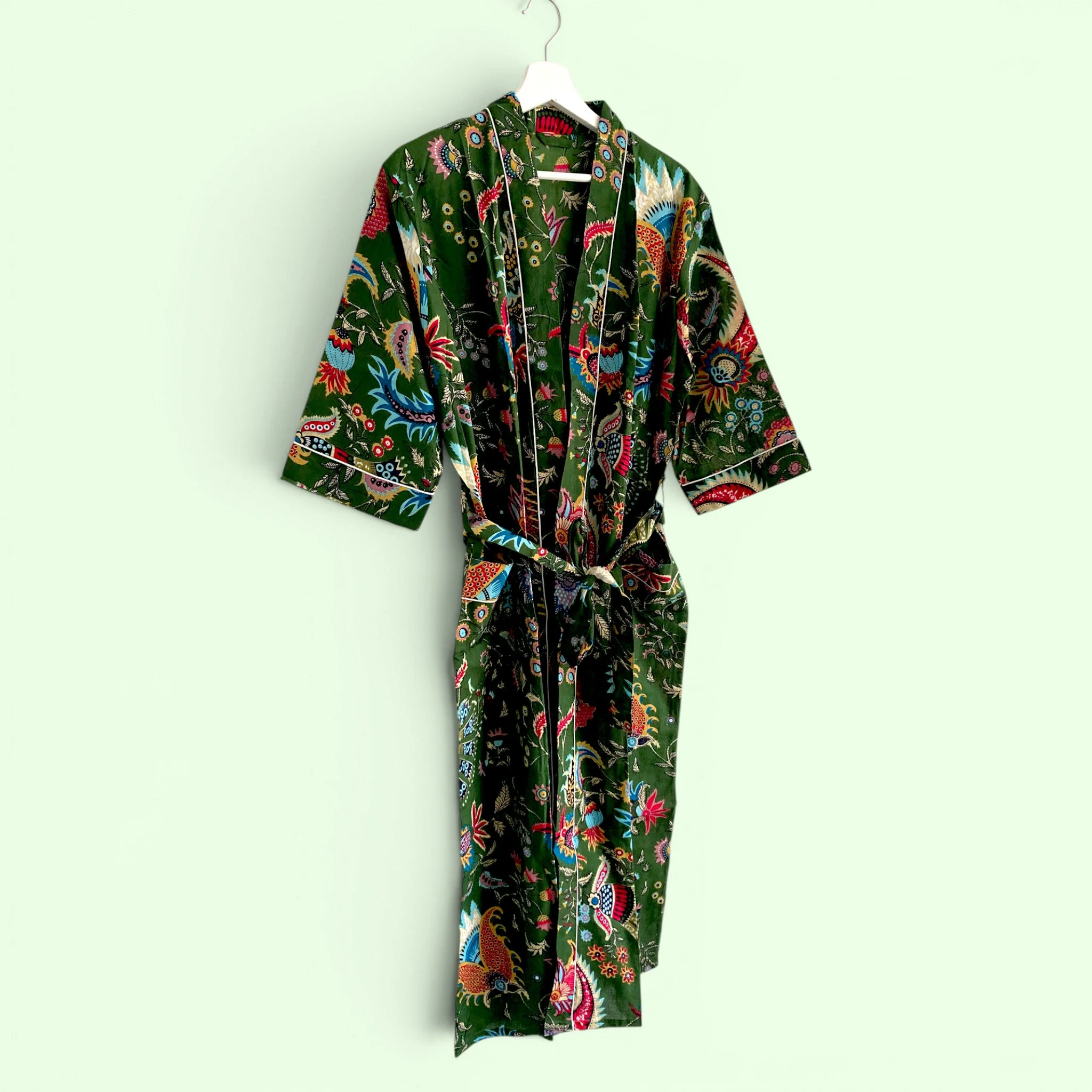 Green Floral Block Print 100% Cotton Dressing Gown - Image 4