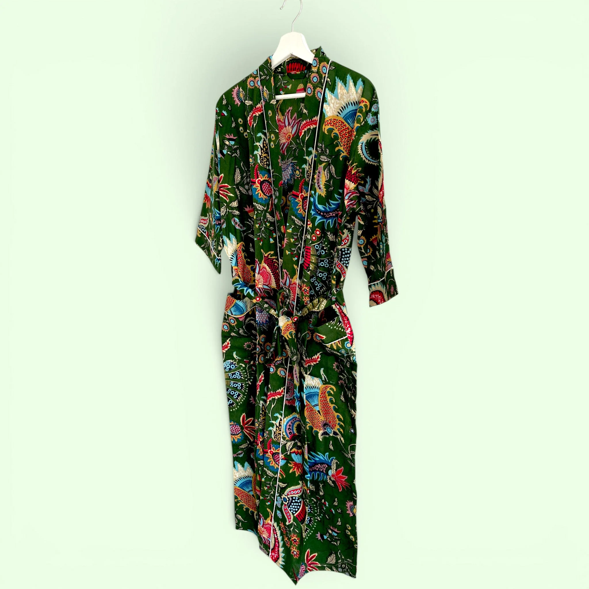 Green Floral Block Print 100% Cotton Dressing Gown - Image 5
