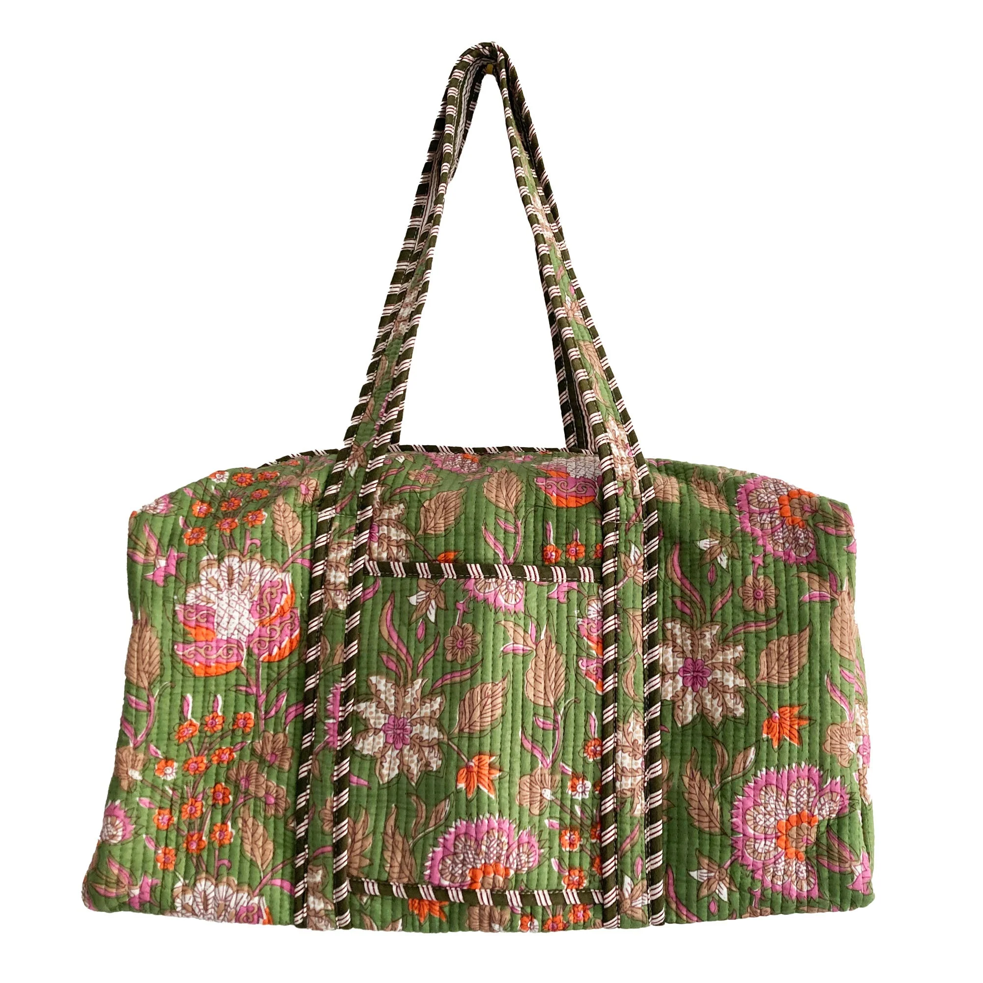 Green Floral Block Print Cotton Quilted Weekend Duffle Bag - Image 2