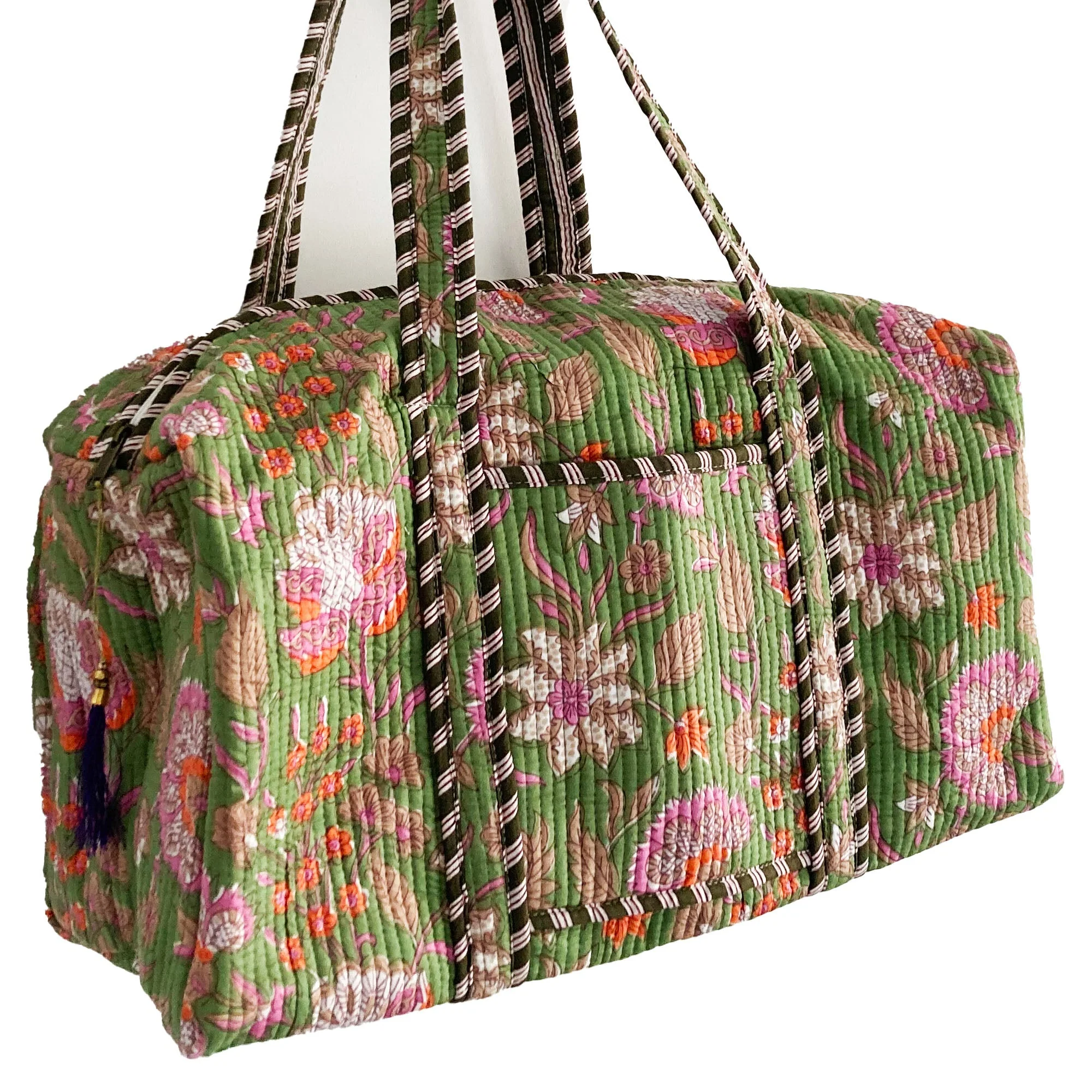 Green Floral Block Print Cotton Quilted Weekend Duffle Bag - Image 4