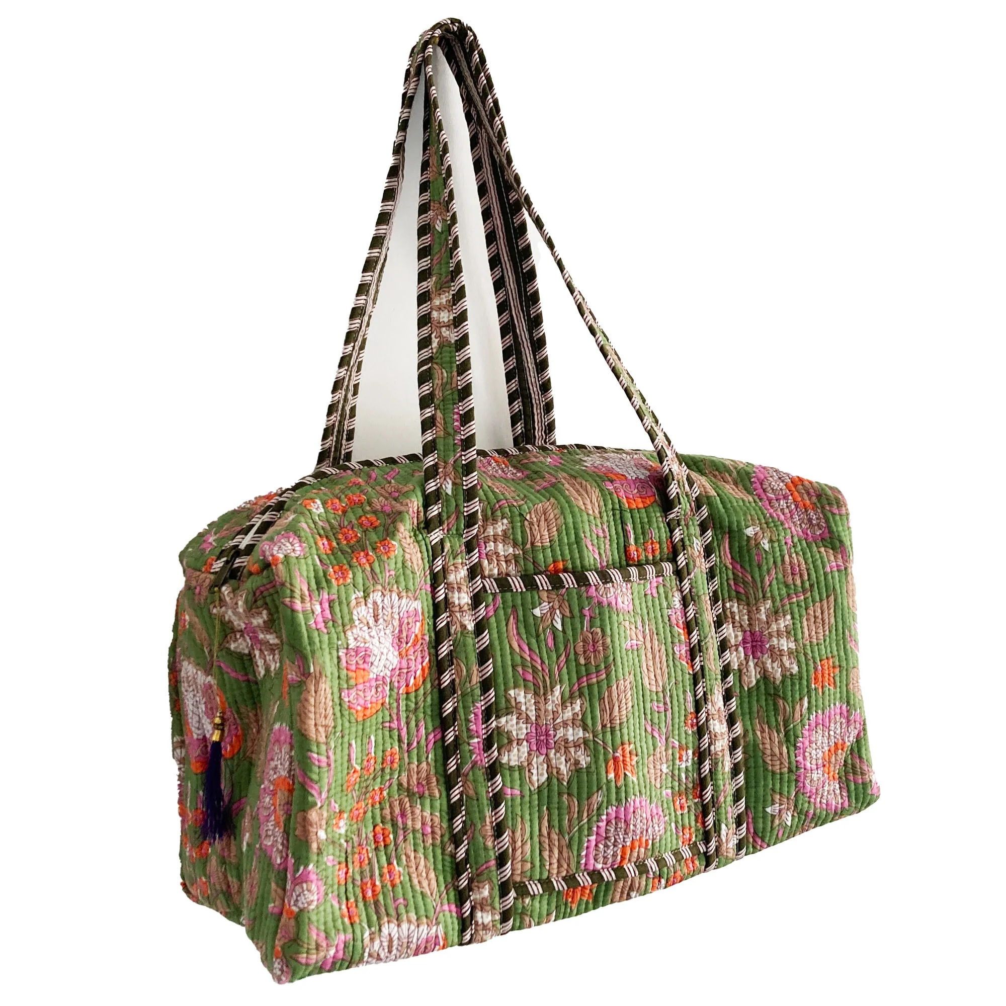 Green Floral Block Print Cotton Quilted Weekend Duffle Bag - Image 5
