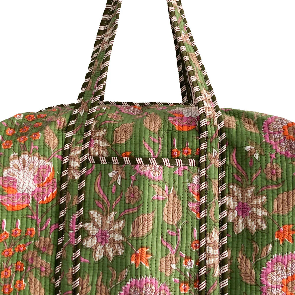 Green Floral Block Print Cotton Quilted Weekend Duffle Bag - Image 6