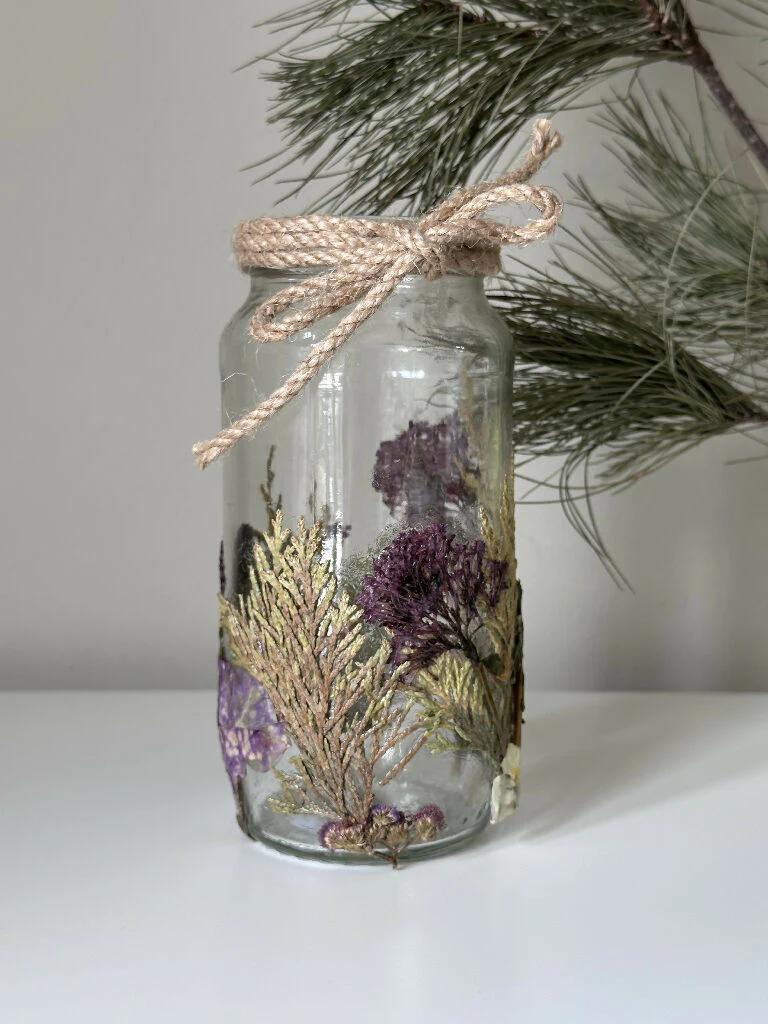 Green & Purple Botanical Pressed Flower Rustic Glass Jar