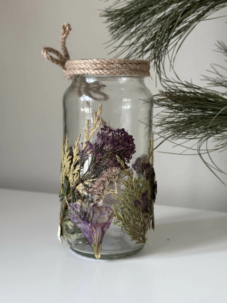 Green & Purple Botanical Pressed Flower Rustic Glass Jar - Image 2