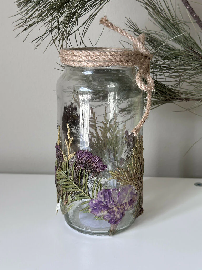 Green & Purple Botanical Pressed Flower Rustic Glass Jar - Image 3