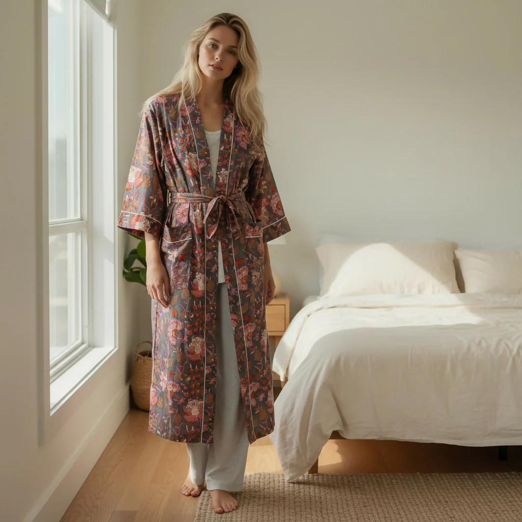 Grey and Pink Block Print Flower Print 100% Cotton Dressing Gown - Image 2