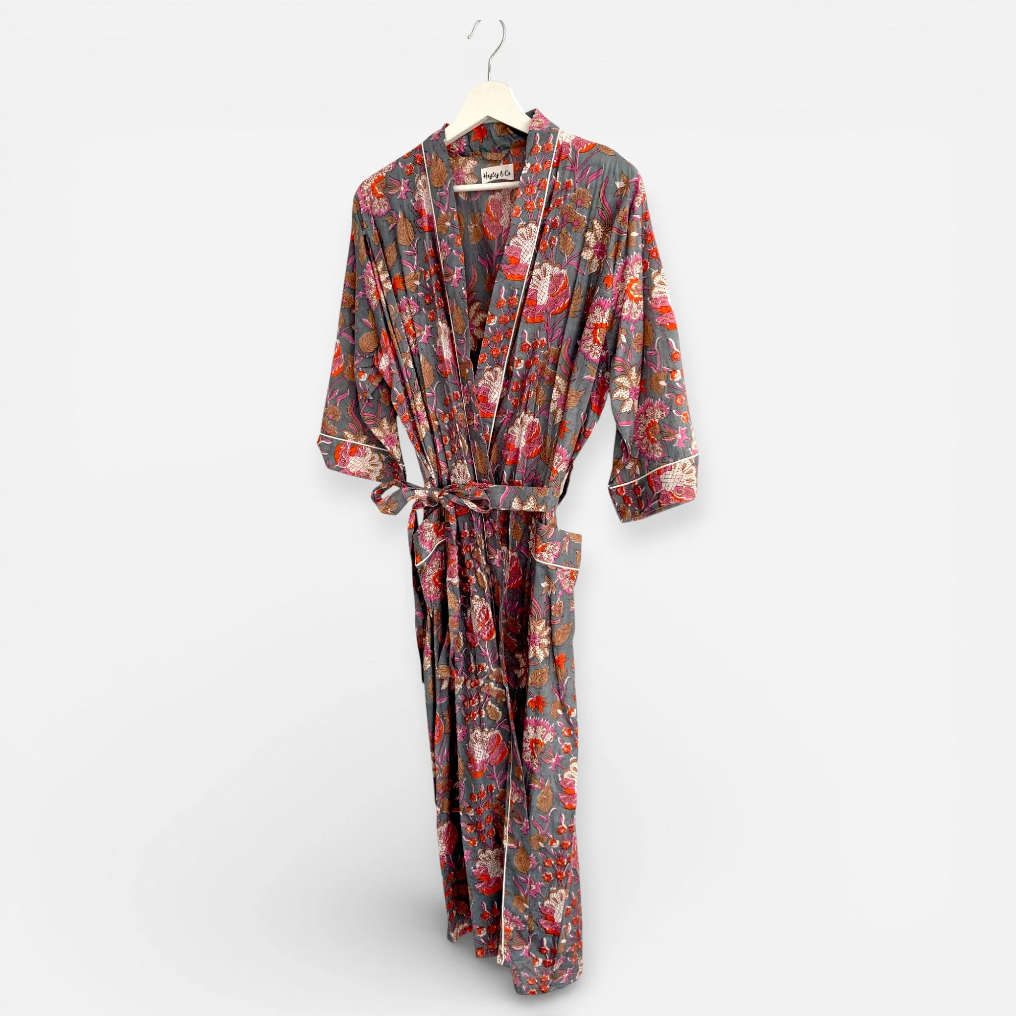 Grey and Pink Block Print Flower Print 100% Cotton Dressing Gown - Image 5