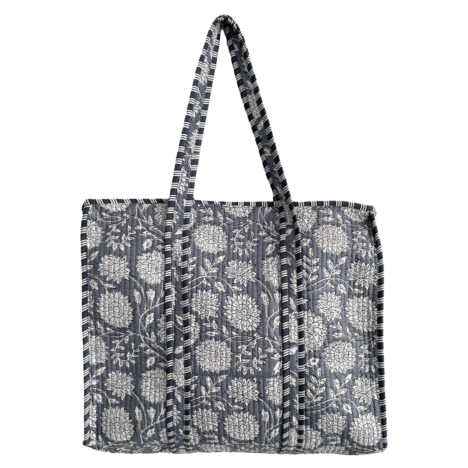Grey Flower Quilted Cotton Shoulder Bag - Image 2