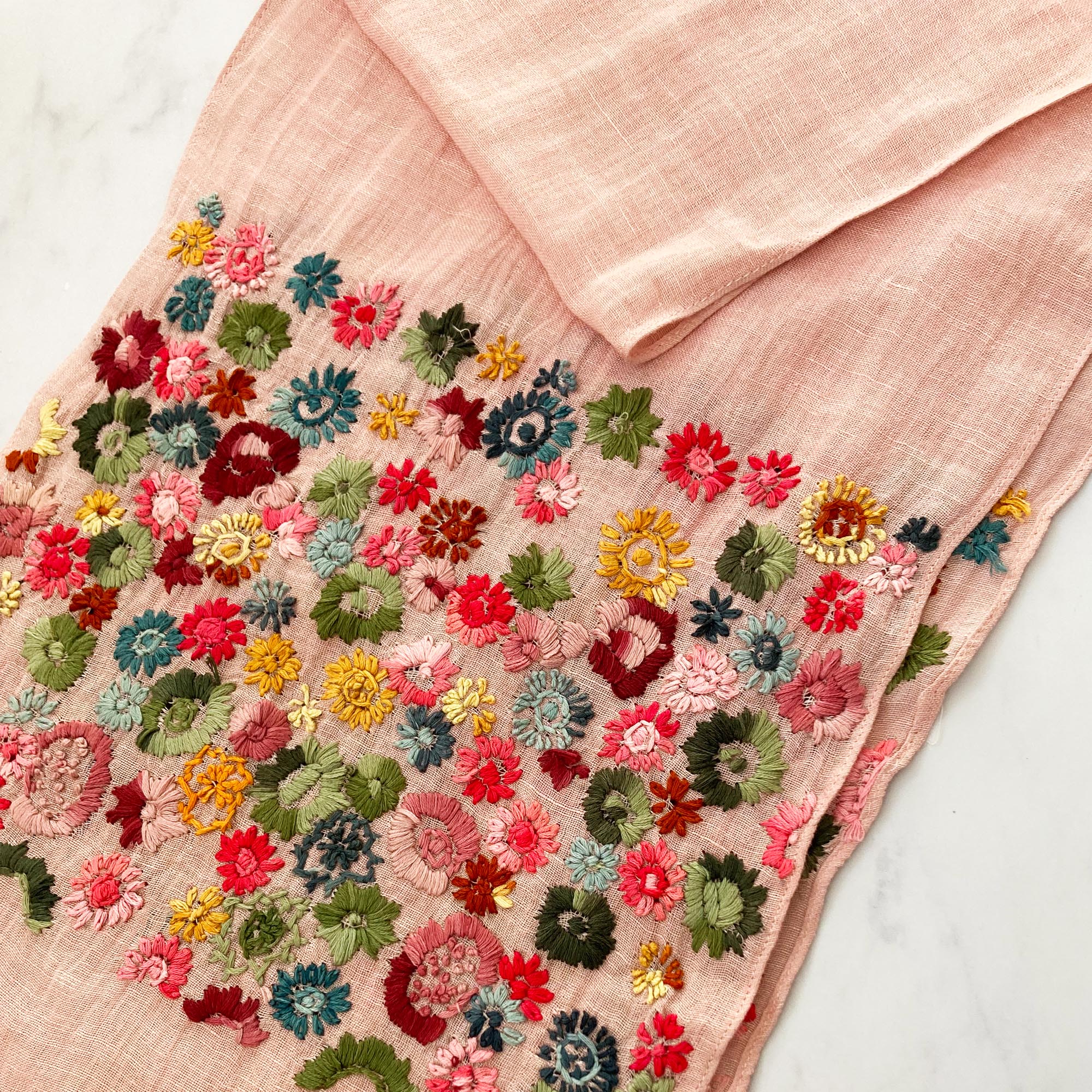 Hand Embroidered 100% Linen Scarf in Blush Pink Floral - Image 6