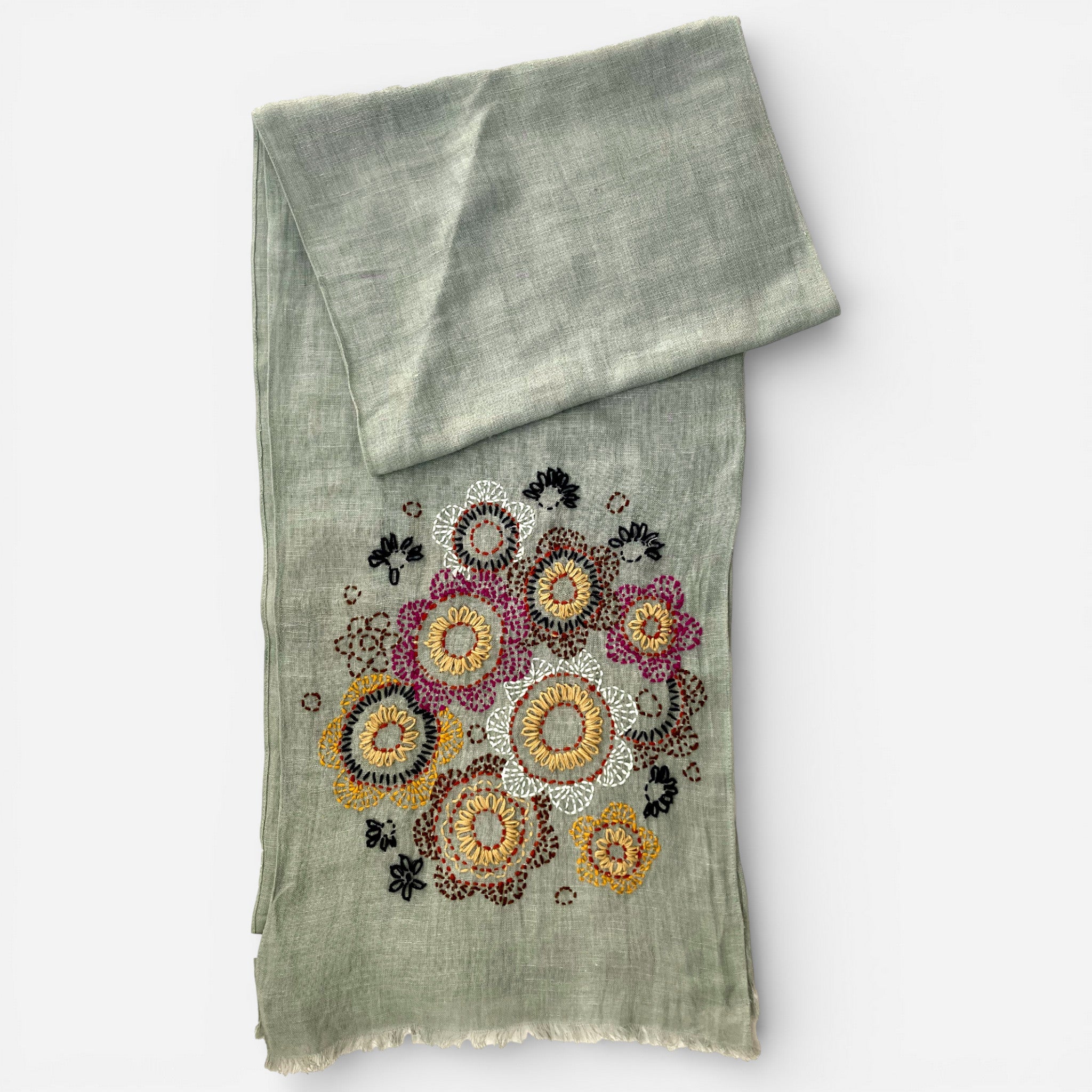 Hand Embroidered 100% Linen Scarf in Grey Floral - Image 2