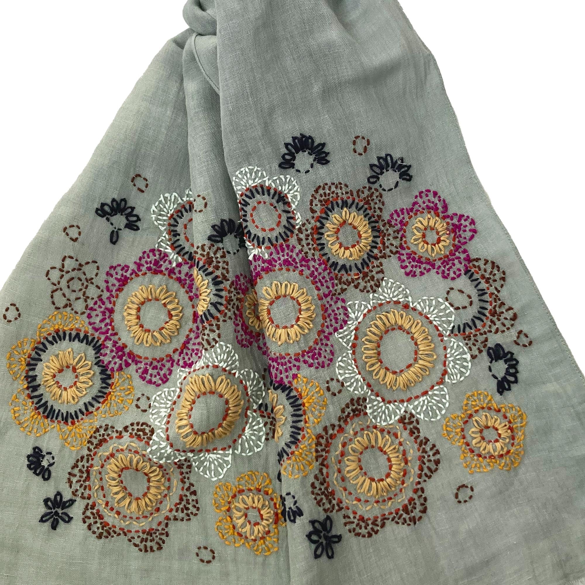 Hand Embroidered 100% Linen Scarf in Grey Floral - Image 6