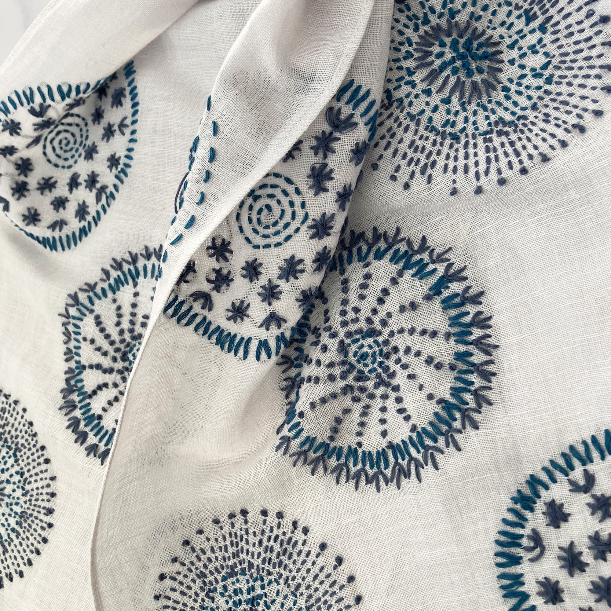 Hand Embroidered 100% Linen Scarf in Light Grey and Blue - Image 5