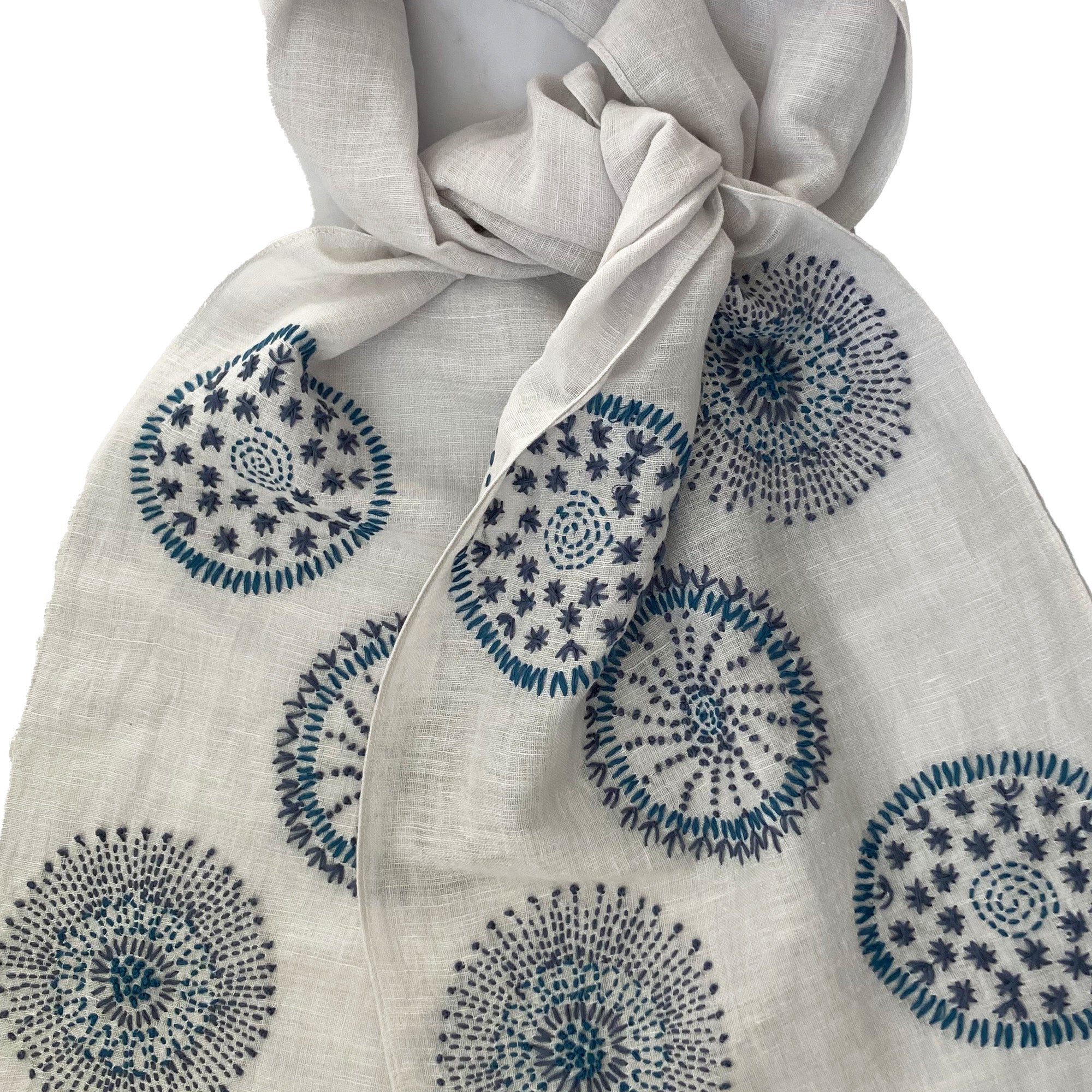 Hand Embroidered 100% Linen Scarf in Light Grey and Blue - Image 6