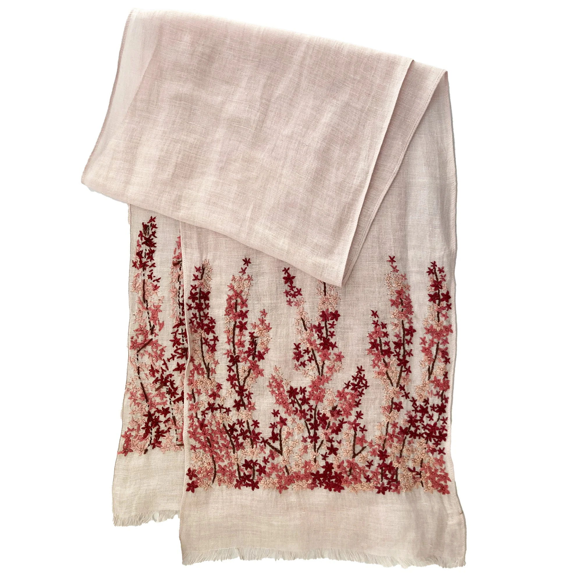 Hand Embroidered 100% Linen Scarf in Light Pink Meadow Floral - Image 3