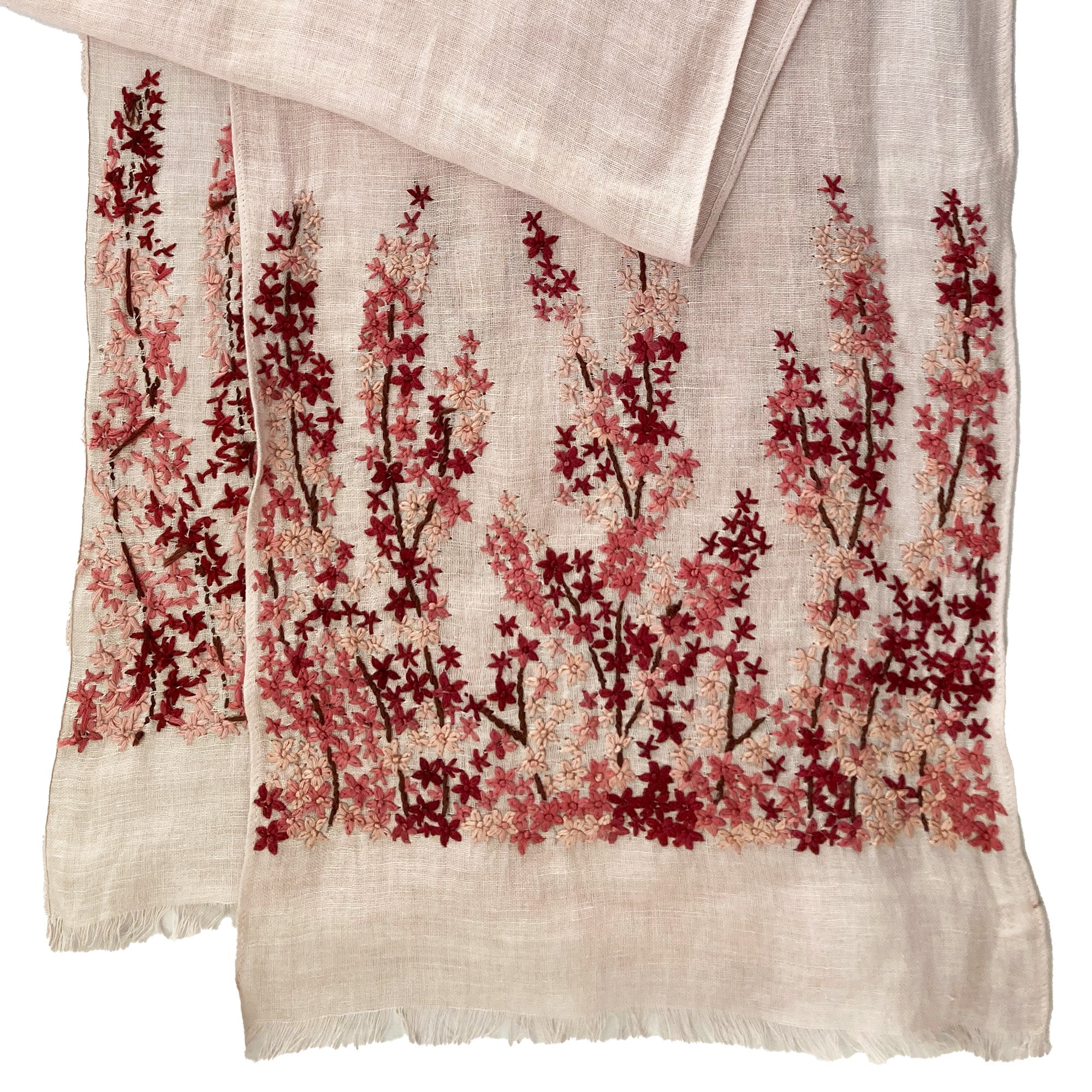 Hand Embroidered 100% Linen Scarf in Light Pink Meadow Floral - Image 4