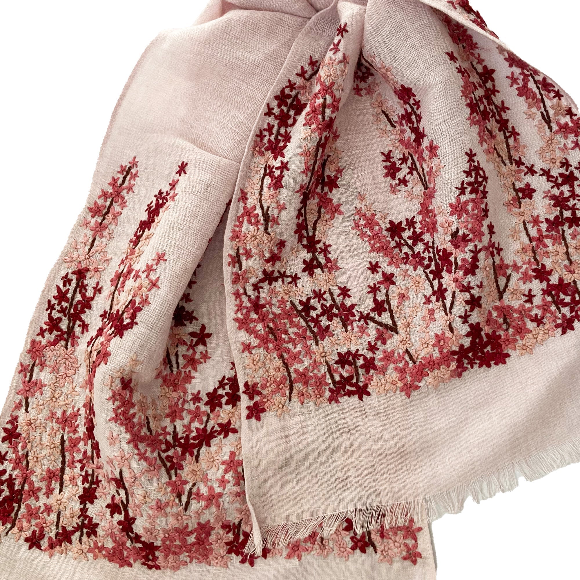 Hand Embroidered 100% Linen Scarf in Light Pink Meadow Floral - Image 5