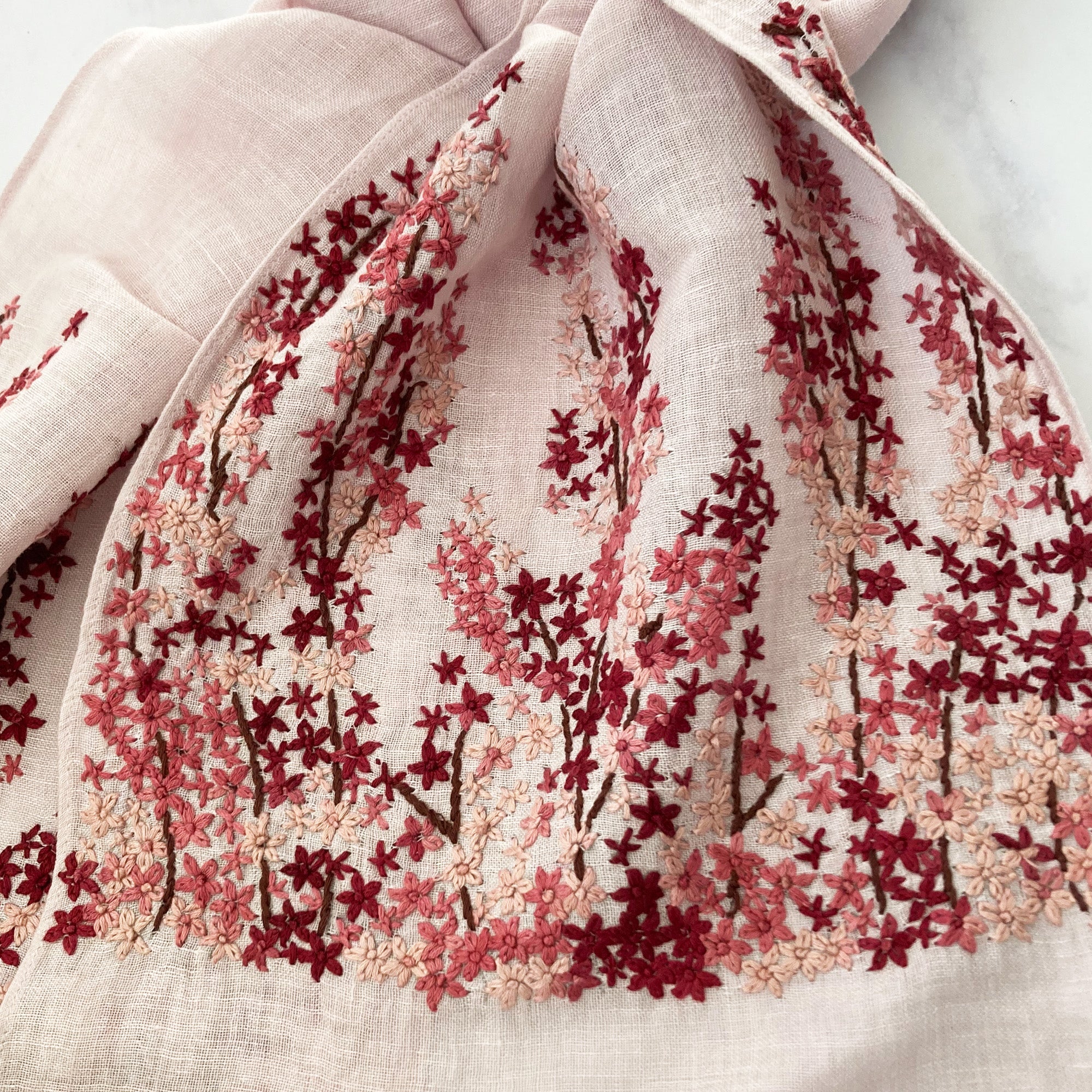 Hand Embroidered 100% Linen Scarf in Light Pink Meadow Floral - Image 6