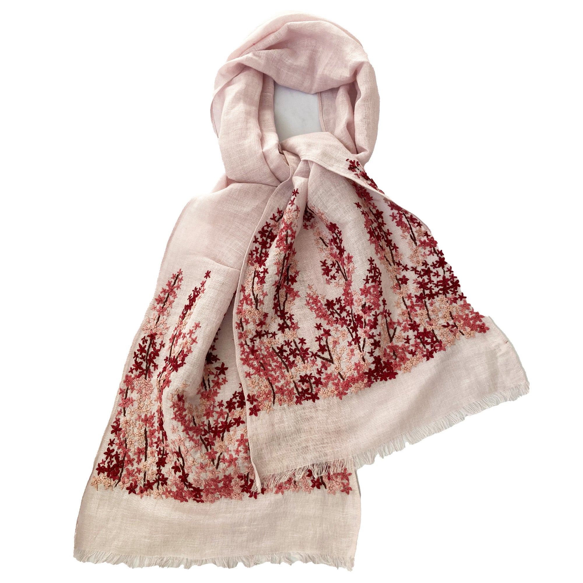 Hand Embroidered 100% Linen Scarf in Light Pink Meadow Floral - Image 7