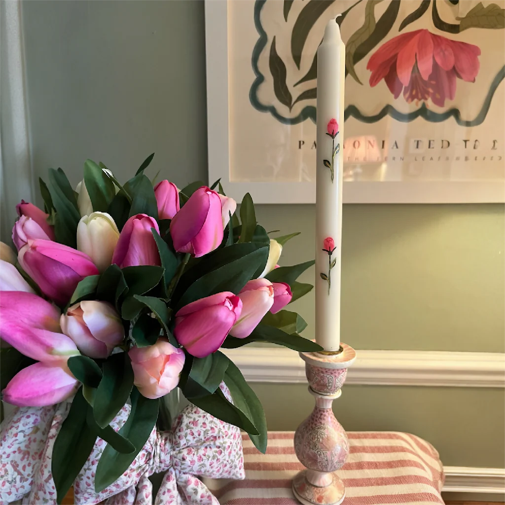 Hand painted ivory candles with a single Rose bud design - set of two - Image 2