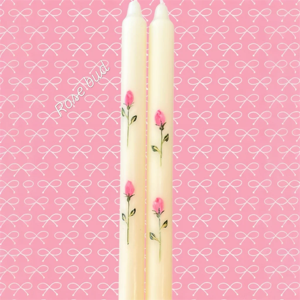Hand painted ivory candles with a single Rose bud design - set of two - Image 3