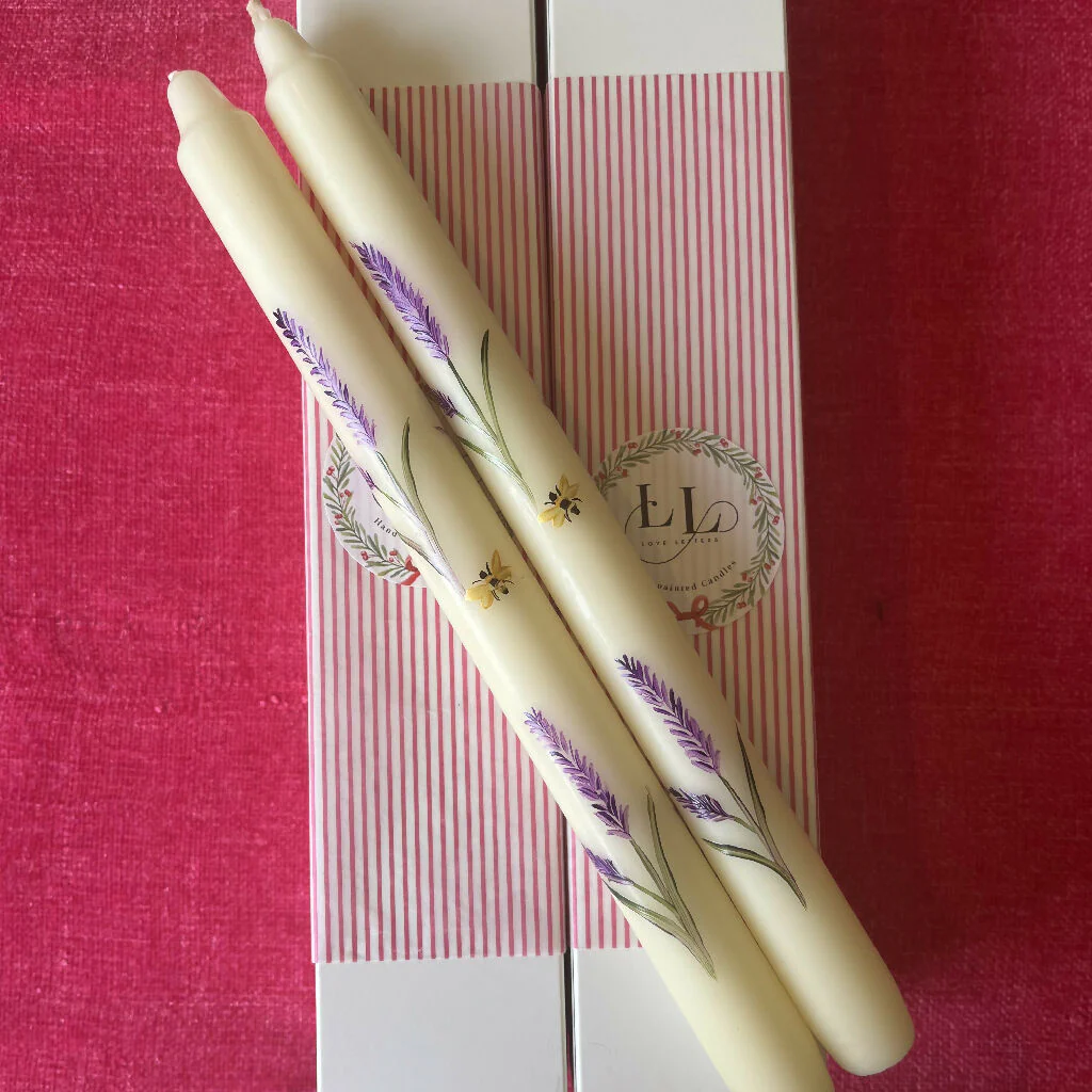 Hand Painted Lavender & Bee Taper Candles – Set of 2 Candles - Image 2
