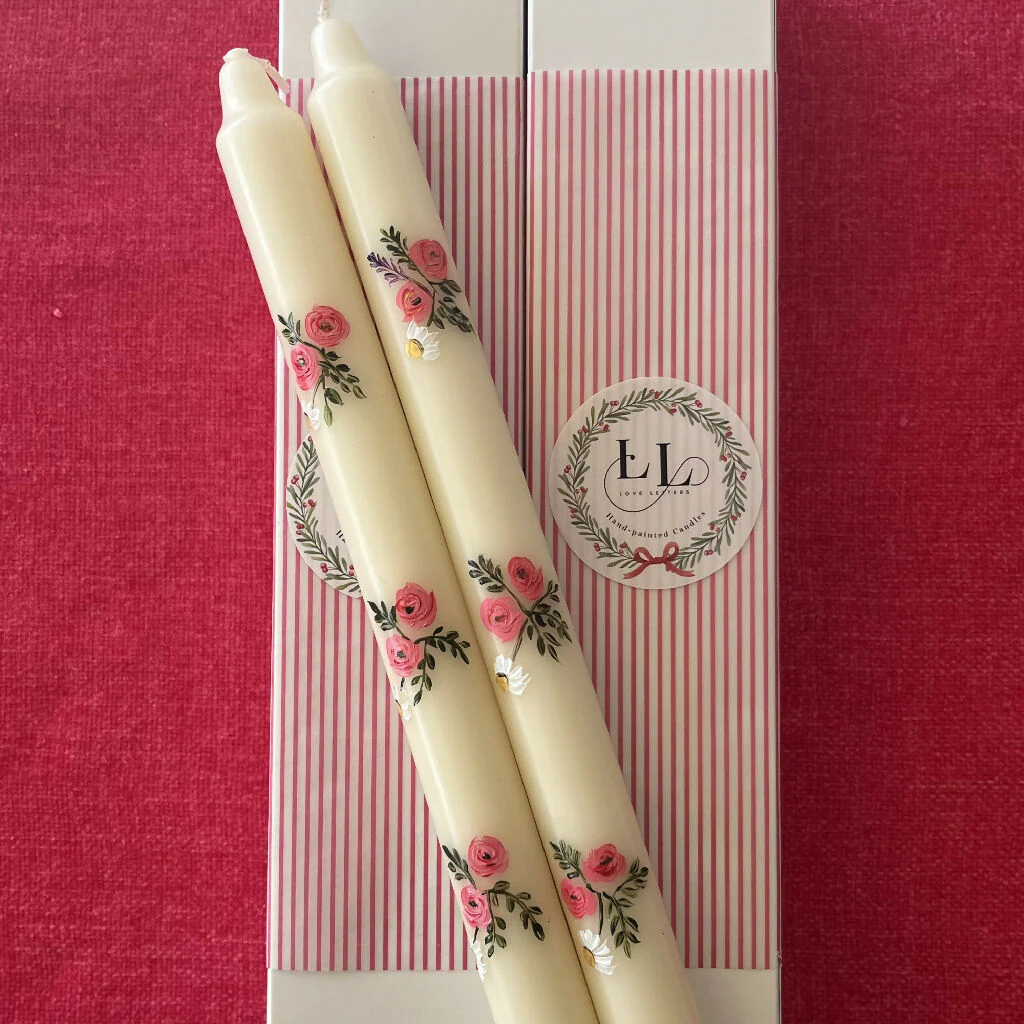 Hand painted pair of candles in a delicate floral design - Image 3