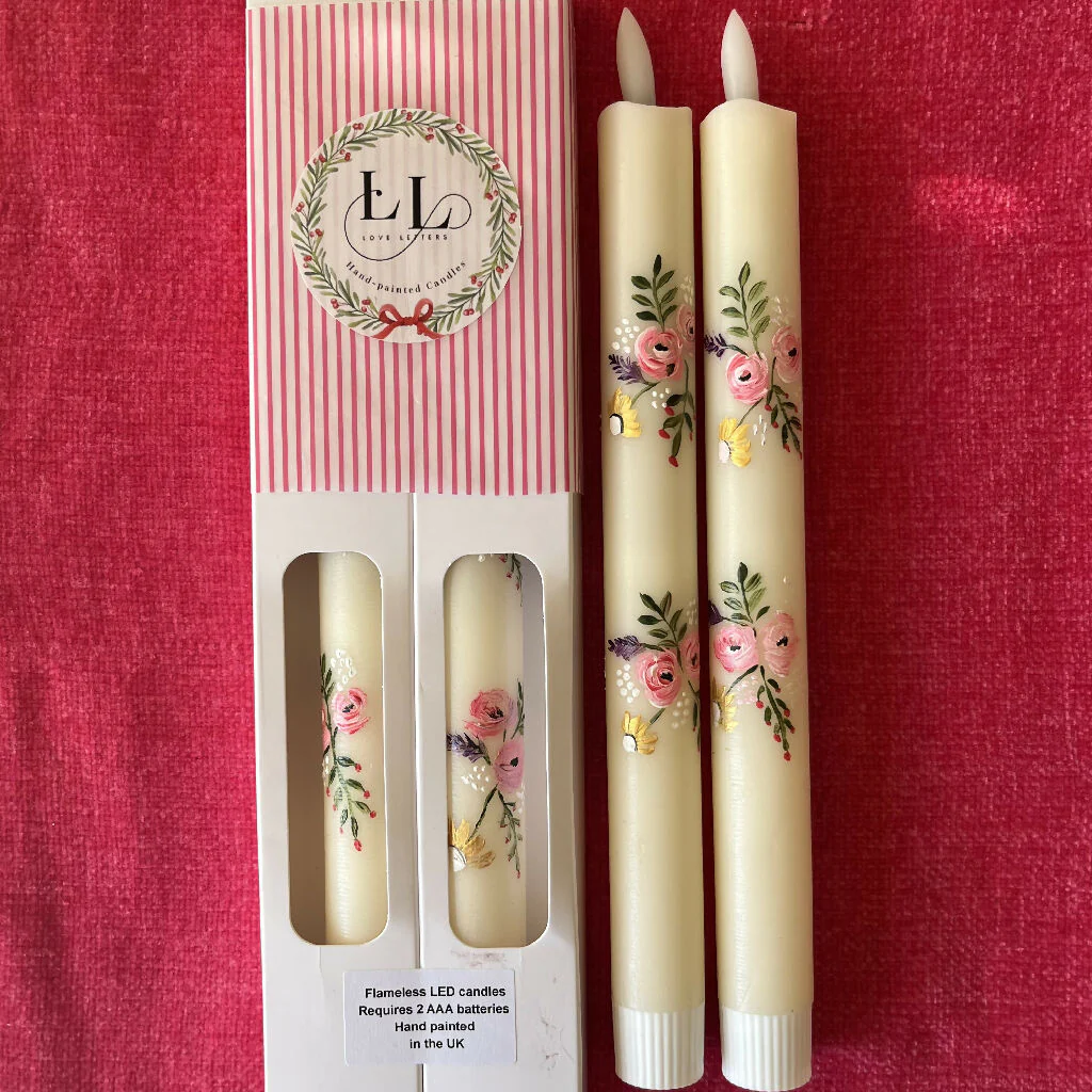 Hand painted pair of wax LED candles with a delicate rose design