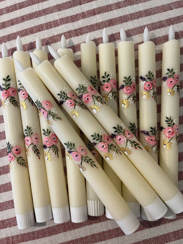 Hand painted pair of wax LED candles with a delicate rose design - Image 3