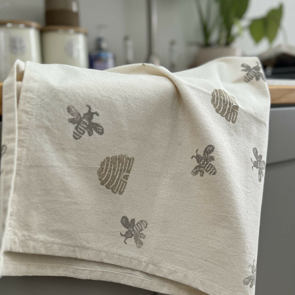 Hand printed bee tea towel - Image 2