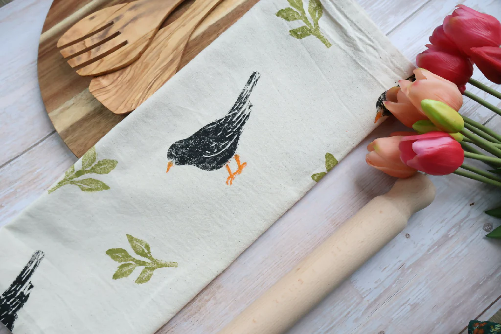 Hand printed Blackbird Tea Towel - Image 2