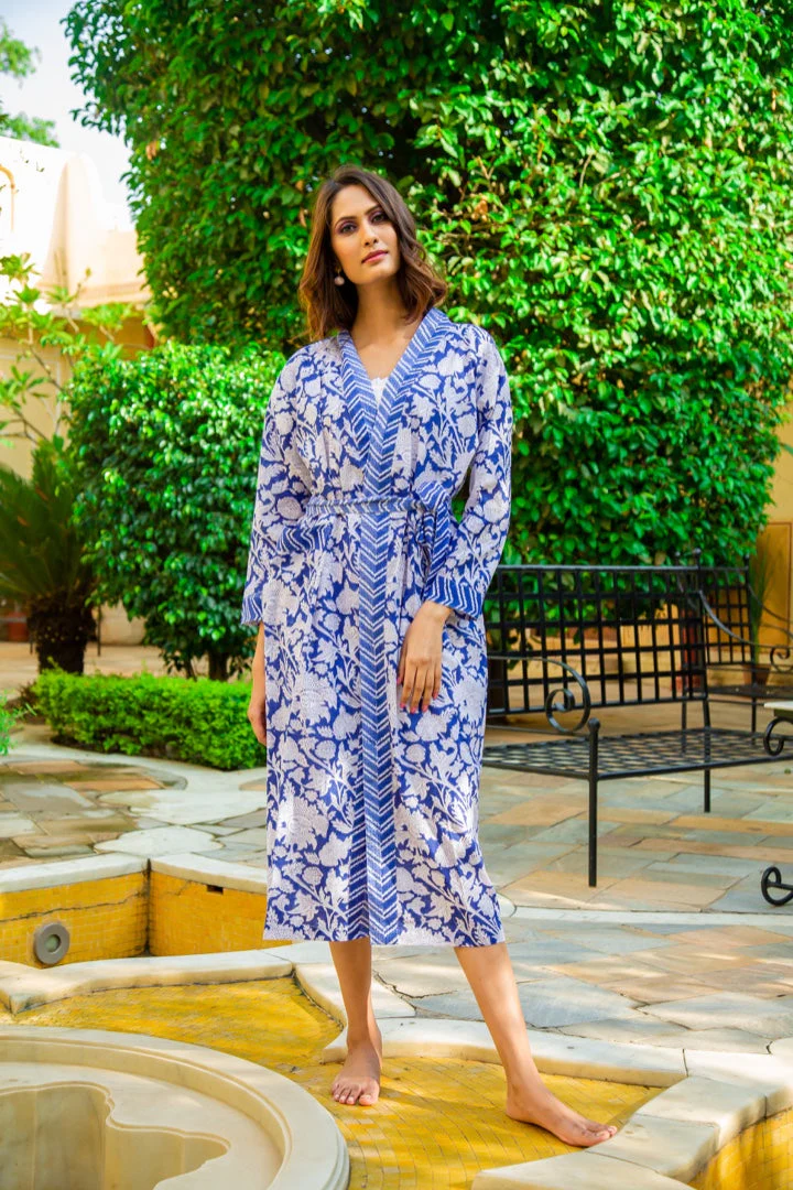 Hand Printed Cotton Kimono Robe - China Blue - Image 3
