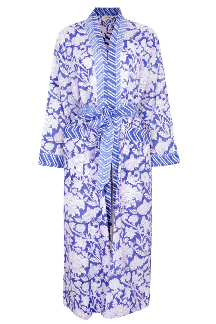 Hand Printed Cotton Kimono Robe - China Blue - Image 7