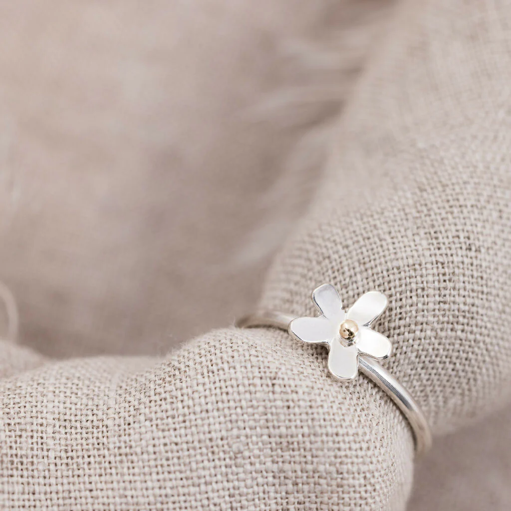 Handcrafted Mini Silver Daisy Ring with 9ct Gold Detail - Image 6