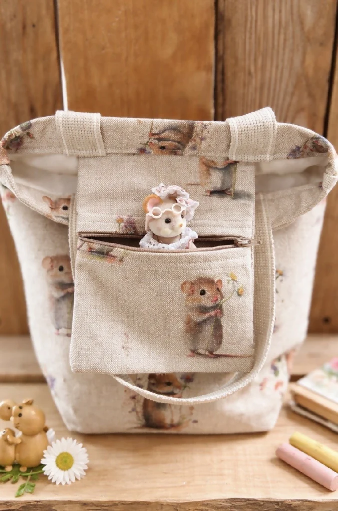 Handmade Beige Cute Mice Cotton Tote bag -Beige straps - Image 2