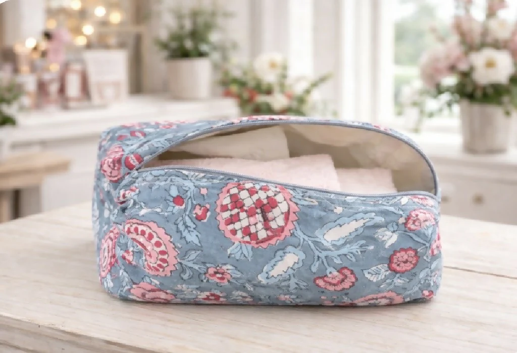 Handmade Blue - pink Flower Wash Bag – Travel Toiletries - Image 4