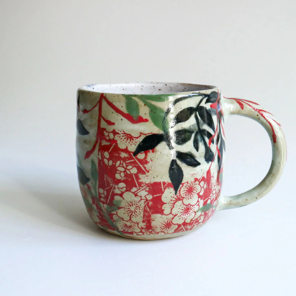Handmade Ceramic Mug in Red Leaf Design