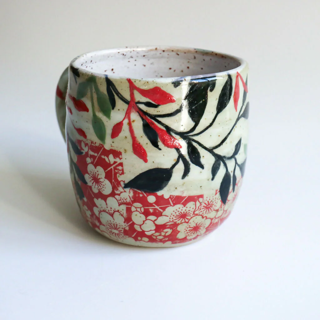 Handmade Ceramic Mug in Red Leaf Design - Image 2
