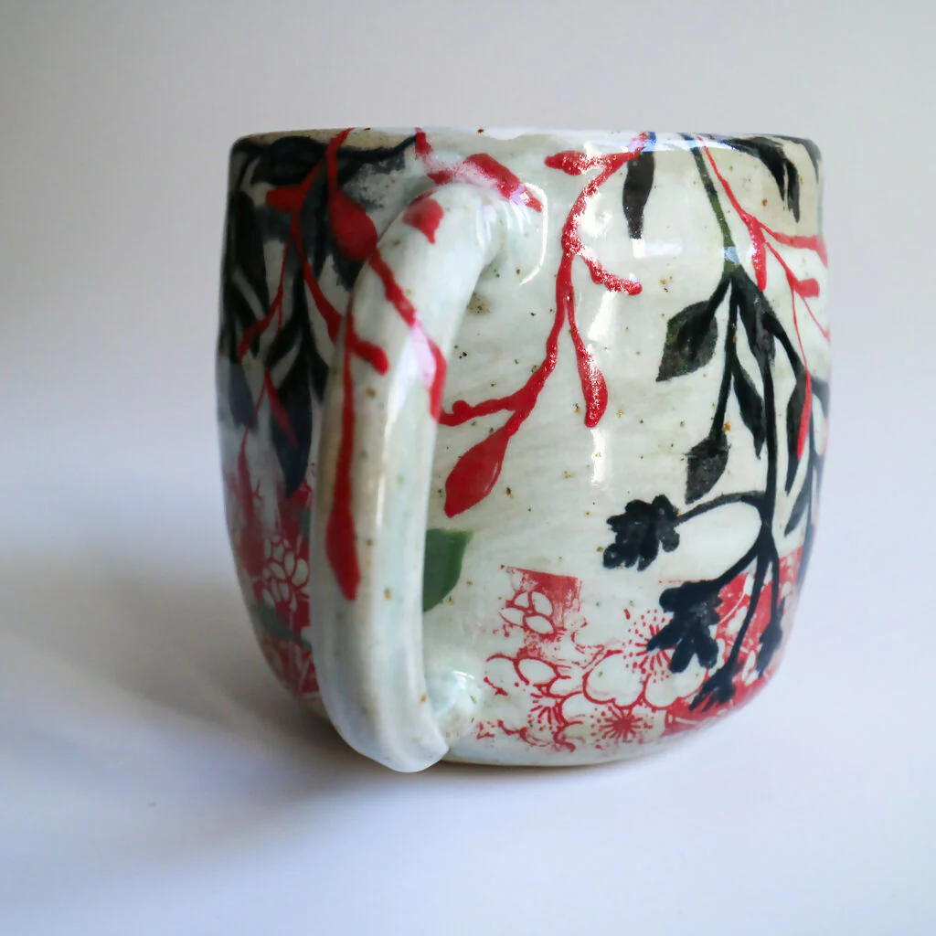 Handmade Ceramic Mug in Red Leaf Design - Image 4