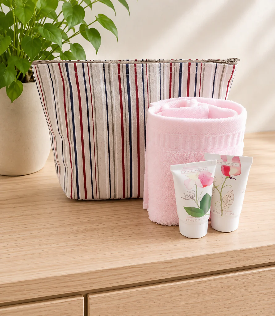Handmade Fabric Washbag | Natural Fine Stripes White & Blue Design - Image 2